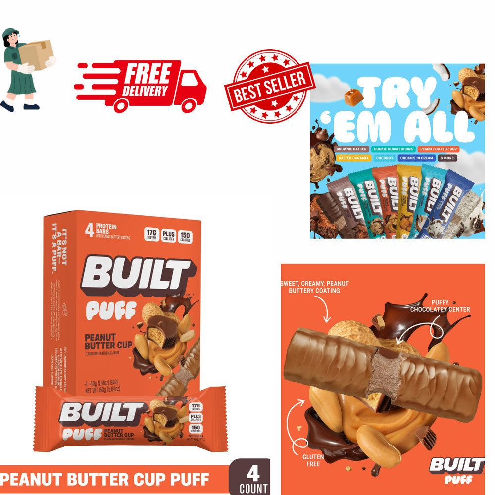 BUILT Puff Protein Bar Peanut Butter Cup 15g Protein 4ct Box 1.55oz Bars