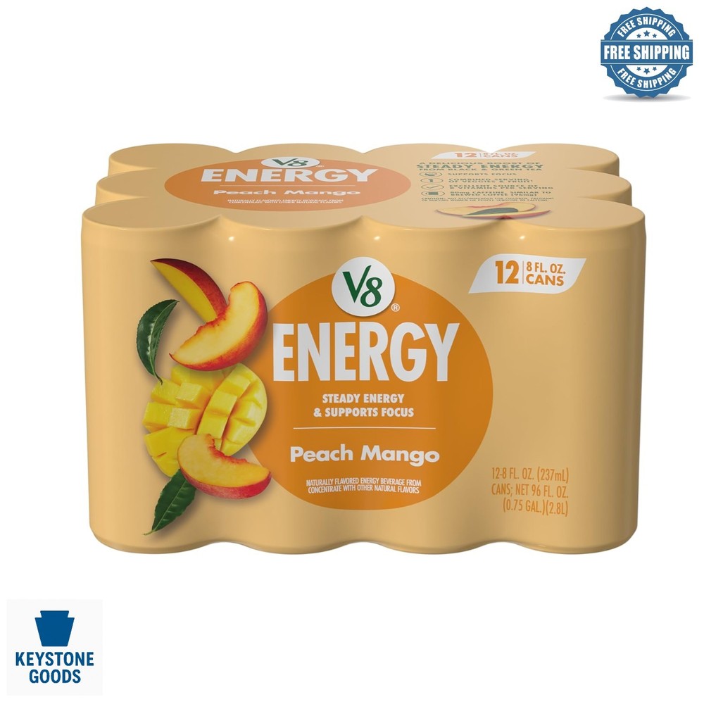 Energy Peach Mango Drink 12 Can Pack – No Added Sugar, 80mg Caffeine