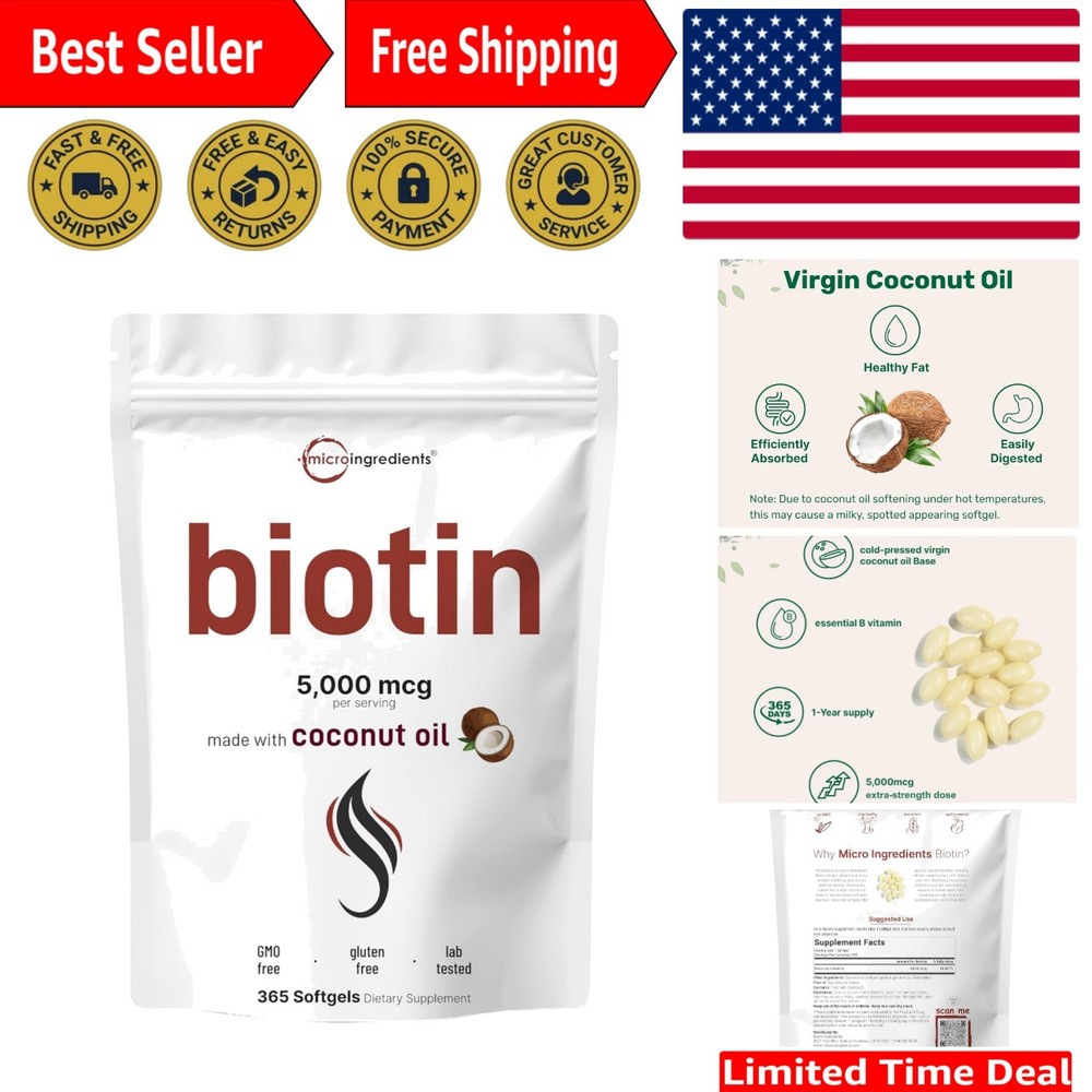 5,000mcg Biotin Softgels – 365 Count for Ultimate Hair, Skin & Nail Care