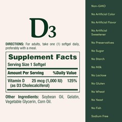 Nature’s Bounty Vitamin D3 1000 100 mg Soft Gels, 120 120 Count (Pack of 1)