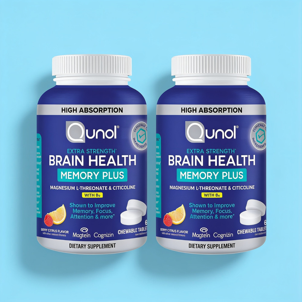 Lot of 2 Bundle, Qunol Brain Health Memory Plus Chewable Tablet, 60 tabs/bottle