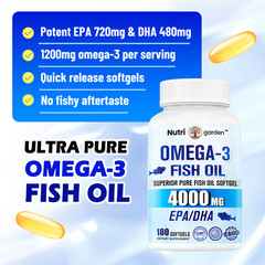 (2pack) 4000mg Omega-3 180 Softgels Triple Strength Burpless Fish Oil Supplement