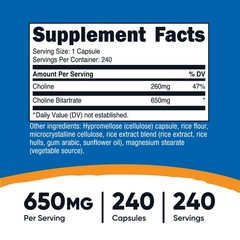 Nutricost Choline Bitartrate 650mg, 240 Vegetarian Capsules-Non-GMO, Gluten Free
