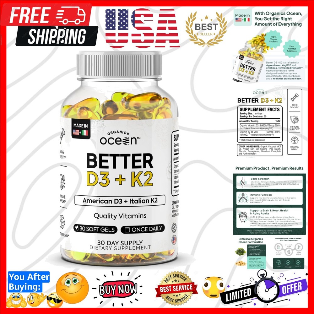 Better D3 + K2-100% Organic VIT D3 and K2 Supplements with Maximum Bioavailab…