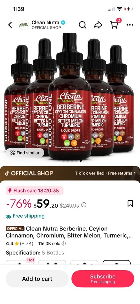 5 Clean Nutra Berberine Liquid Drops w/ Cinnamon Chromium Turmeric 2 fl oz 2027