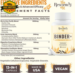 Detox Binder Supplement with Activated Charcoal & Clay – 180 Vegan Capsules
