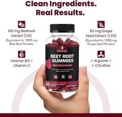 Potent Beet Root Gummies With Grape Seed, Vitamin C, B12 & Nitric Oxide