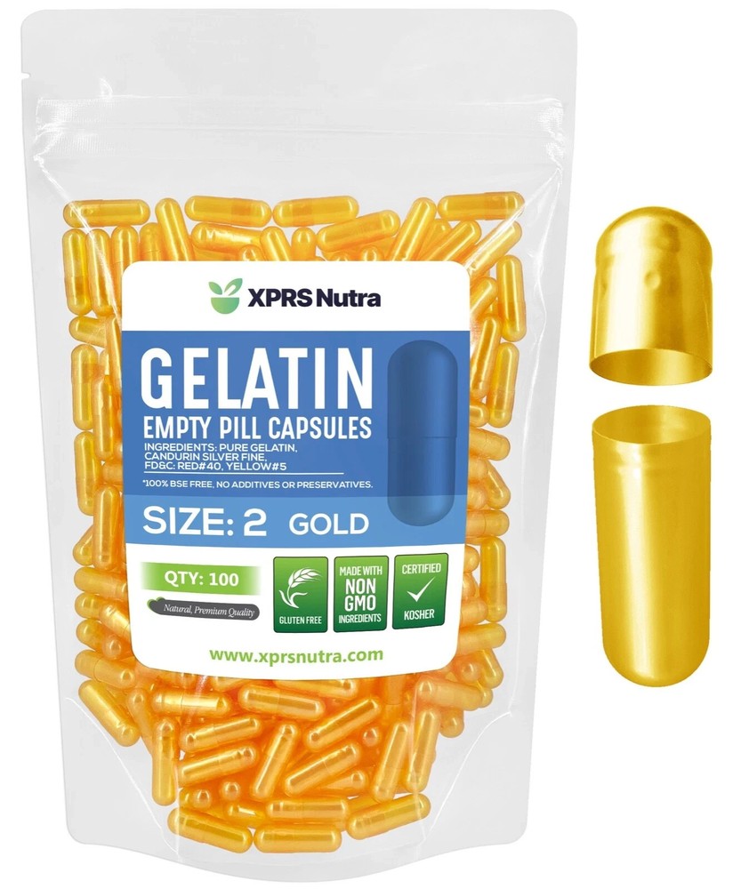 XPRS Nutra Size 2 Gold Empty Gelatin Capsules Gelcaps Kosher Caps Pills