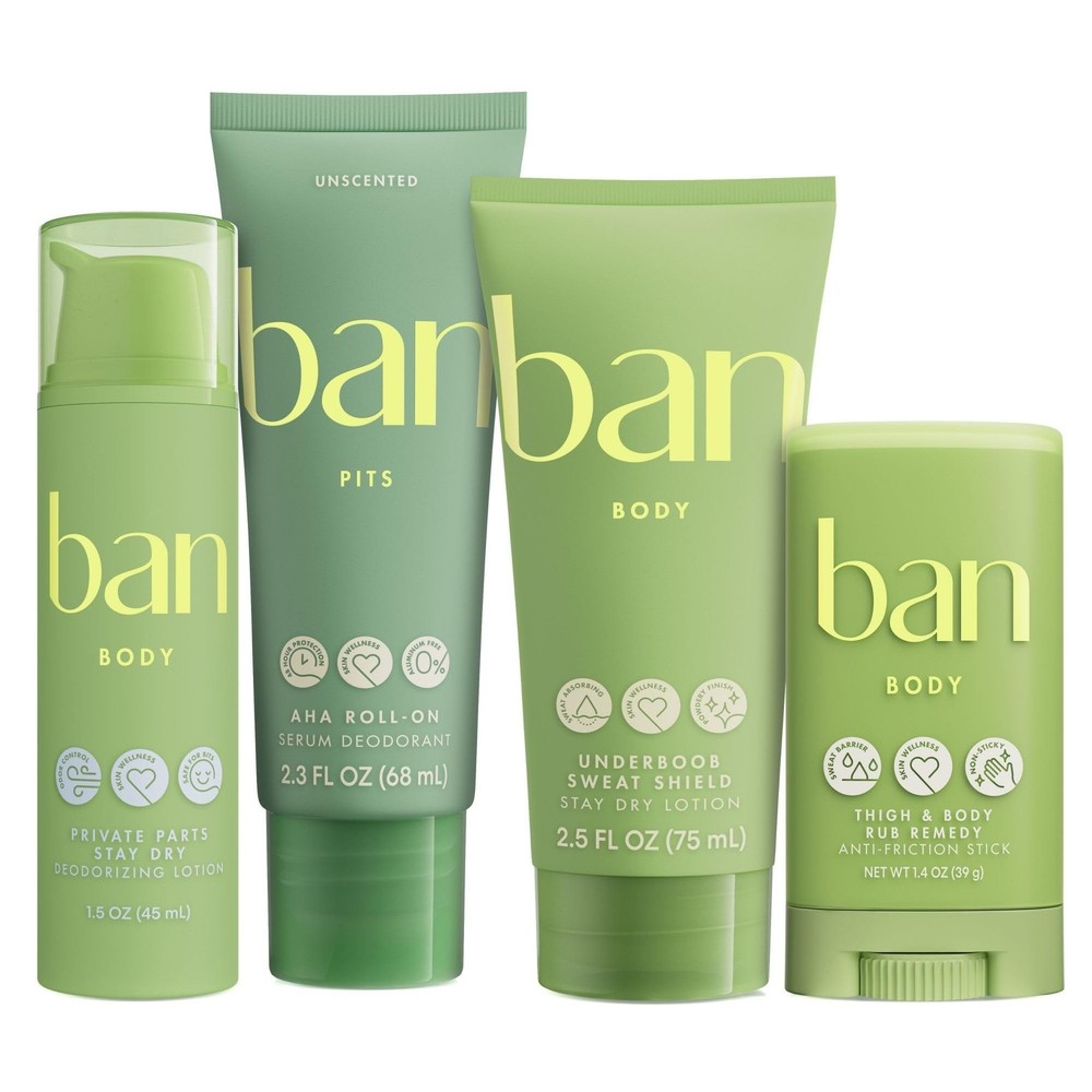 Ban Total Body 4 Pack Bundle: Unscented Roll-On Deodorant 2.3oz, Private Part…