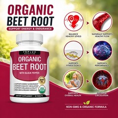 Toplux Organic Beet Root Tablets | 2040mg with Black Pepper, 90 Count