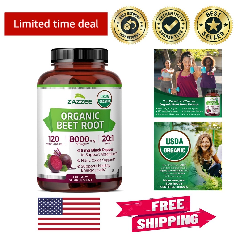 USDA Organic Beet Root 8000 mg Capsules with Black Pepper for Absorption, 120…