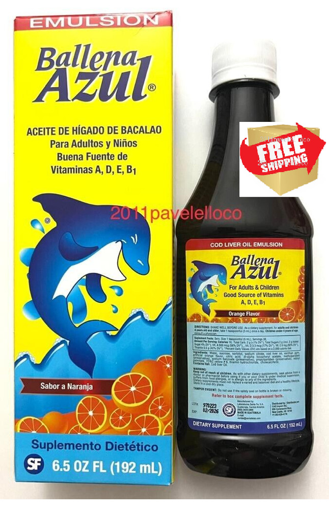 Orange EMULSION BALLENA AZUL COD LIVER OIL ACEITE DE HIGADO DE BACALAO 6.5 OZ FL