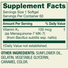 Spring Valley Vitamin K2 Supplement Soft Gel Capsules 100 Mcg 60 Count