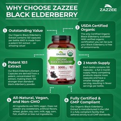 USDA Organic Black Elderberry 10:1 Extract, 5000 mg Strength, 120 Vegan Capsules