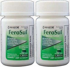 Major Ferosul Ferrous Sulfate 325mg Blood Health Green Tablets 100ct Pack of 2
