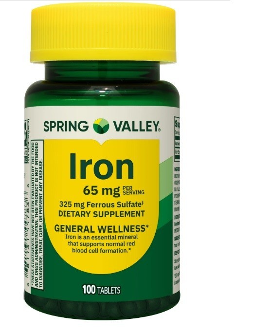 Spring Valley Iron General Wellness Dietary Supplement Tablets 65 mg 100 Count