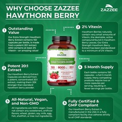 Zazzee Extra Strength Hawthorn Berry 20:1 Extract, 8000 mg Strength, 2% Vitexin