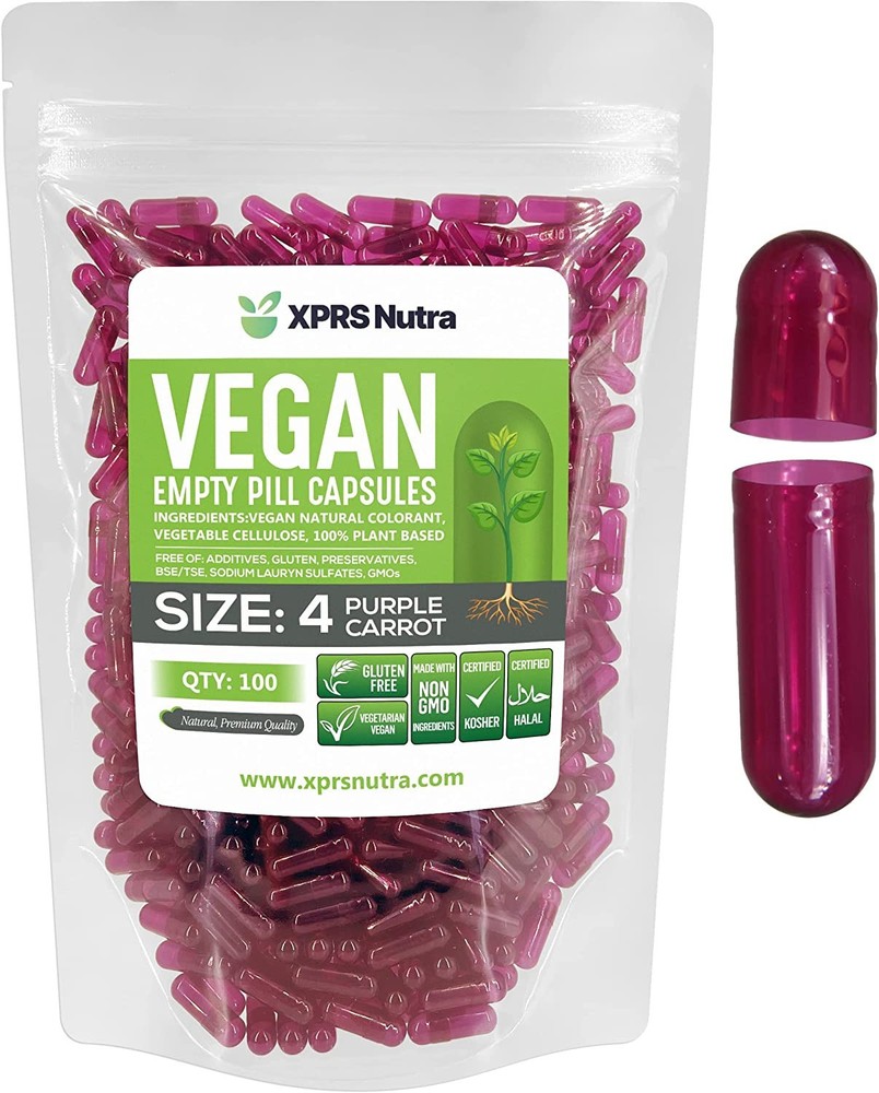 Size 4 Purple Carrot Empty Vegan Capsule Kosher Pill Vegetable Veggie Caps