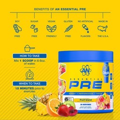 AN Supps Essential PRE Workout Powder Fruit Blend, 200mg Caffeine, No Sugar, Veg