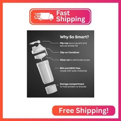 Smartshake O2GO ONE Plastic Protein Shaker Bottle 800 ml | 27 oz – Leakproof Scr