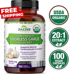 USDA Organic Odorless Garlic 20:1 Extract, 5000 mg Strength, 100 Vegan Capsules