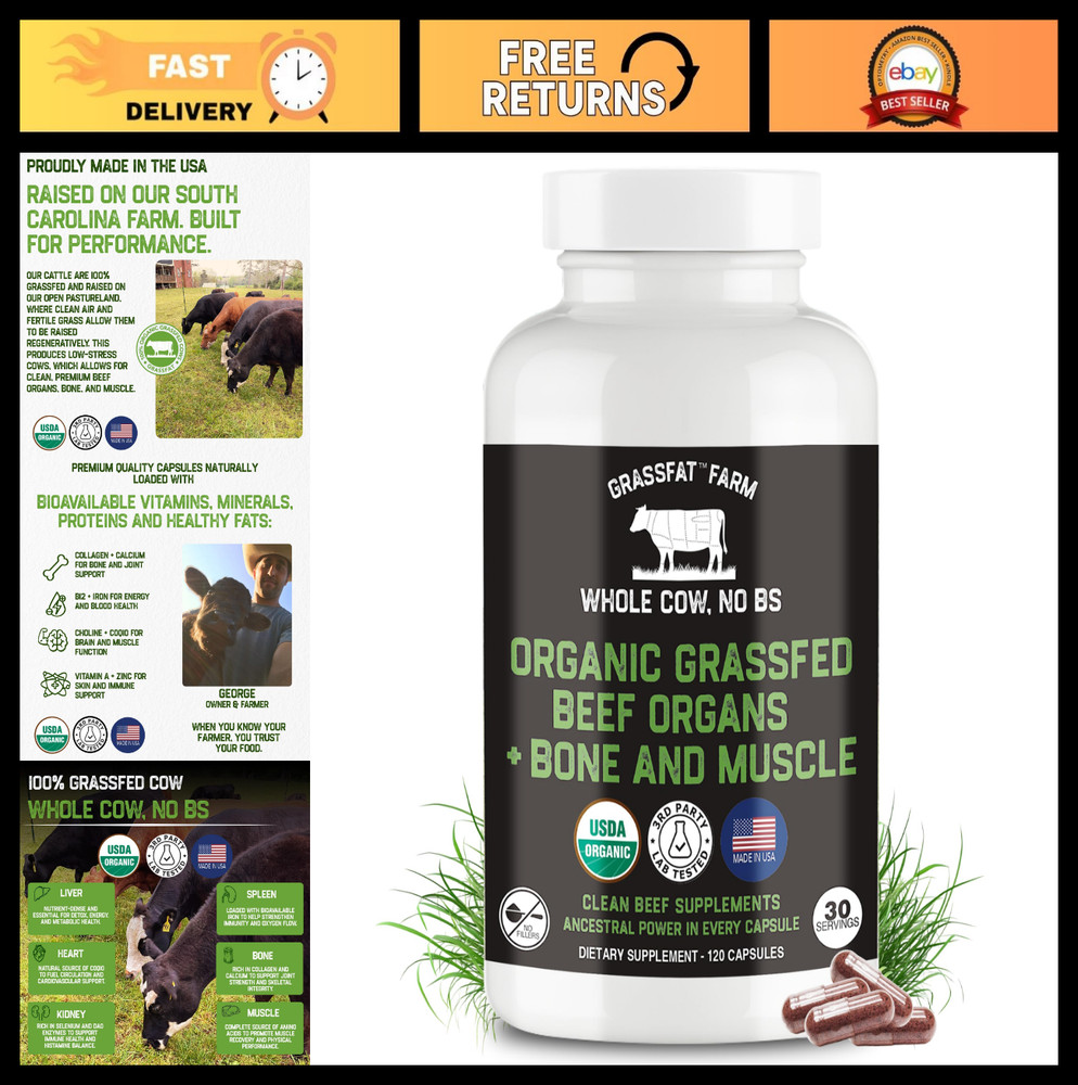 USDA Organic 100% Grassfed Beef Organ Supplements – Whole Cow, 30-Day Supply