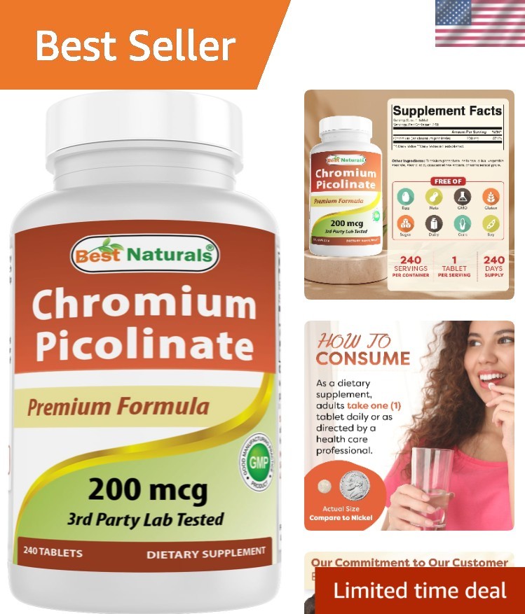 Made in USA Chromium Picolinate 200 mcg – 240 Tablets, Lab Tested for Purity