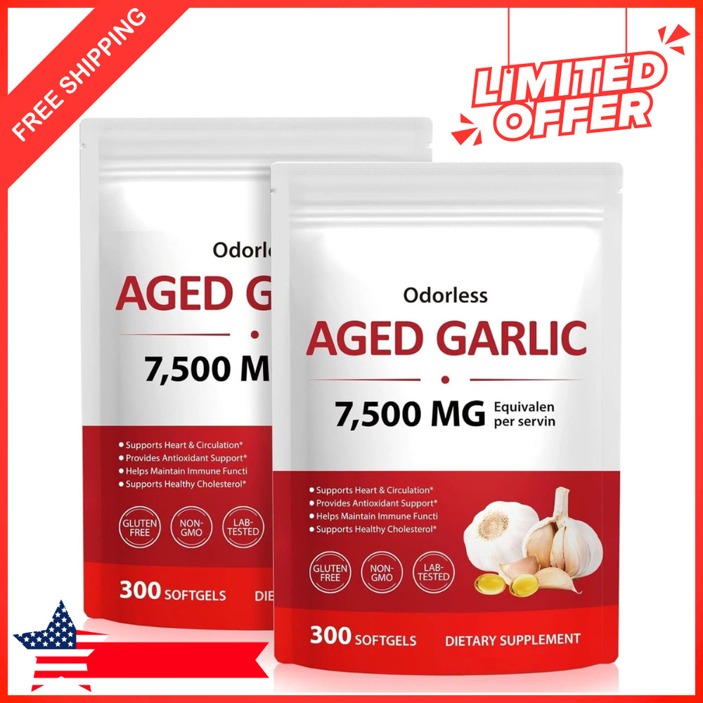 2 PACK Elare Aged Garlic Extract, 300 Softgels, 7500mg Odorless | Heart & Immune