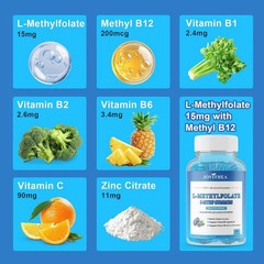 L-Methylfolate 15mg Gummies with Methyl B12, Folate 60 Count (Pack of 1) USA
