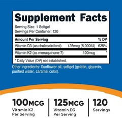 Nutricost Vitamin K2 (100mcg) + Vitamin D3 (5000 IU) 120 Softgels – Gluten Free