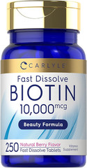 Biotin 10000Mcg 250 Fast Dissolve Tablets Max Strength Vegetarian, Non-Gmo, Glut