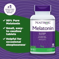 Natrol Melatonin 3 mg 240 Tablets Egg-Free, Fish Free, Milk-Free, 100% Drug Free