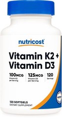 Nutricost Vitamin K2 (MK7) (100mcg) + Vitamin D3 (5000 IU) 120 Softgels – Glu…