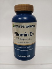 Nature’s Wonder Vitamin D3 Softgels – 125 mcg – 360 Count – Ex: 4/27