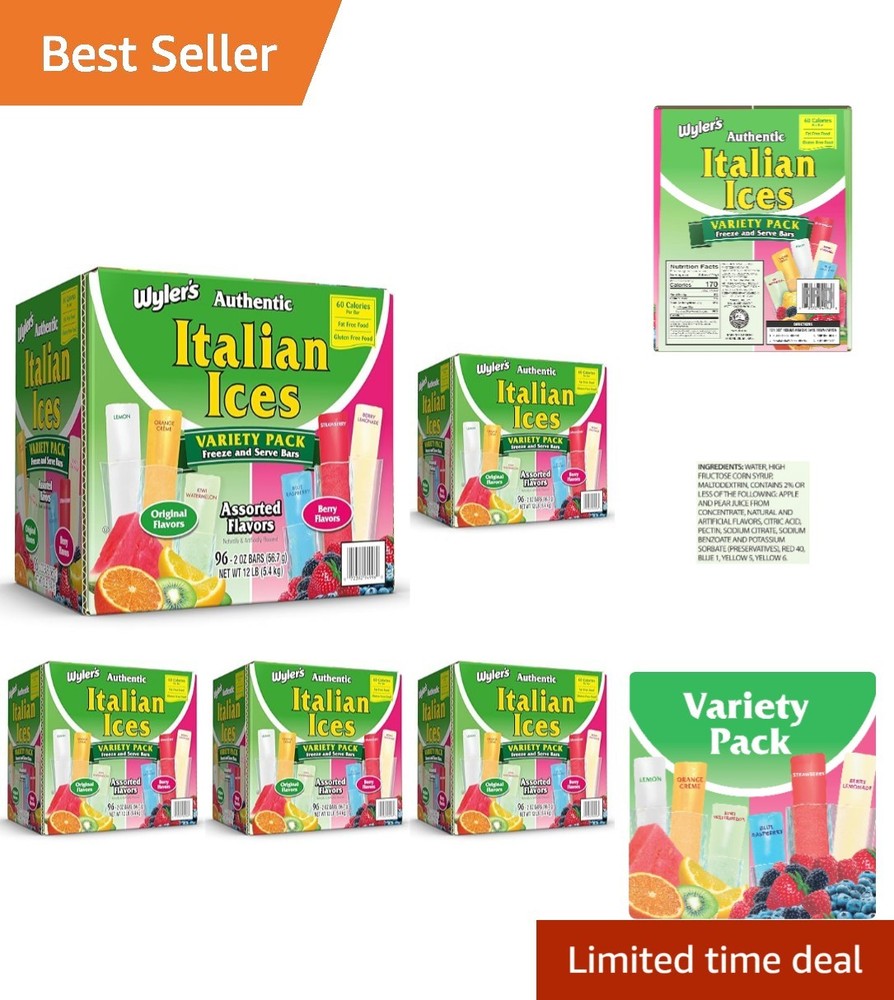 Authentic Italian Ice Freezer Bars – Fat Free, 96 Count of 6 Refreshing Flavors