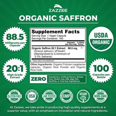 Zazzee USDA Organic Saffron 201 Extract, 88.5 mg, 0.3 Safranal, 100 Vegan Cap…