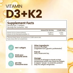 Vivonu Vitamin D3 10000 IU + K2 MK-7 200 mcg, 300 Softgels – Coconut Premium