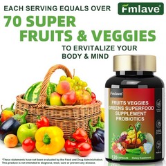 4pc 70 Fruits and Veggies Whole Food Supplement, Superfood & 5 Probiotic Strains