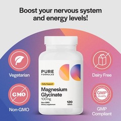 PureFormulas Magnesium Glycinate 100 mg Daily Support 120 Count (Pack of 1)