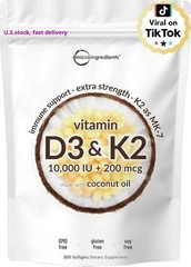 Vitamin D3 10000 iu Plus K2 (MK-7) 200 mcg, 300 Virgin Coconut Oil Softgels NEW