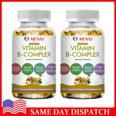 2 Bottles Vitamin B Complex Caps B1,B2,B3,B5,B6,B7,B9,B12, Immune Support Pills