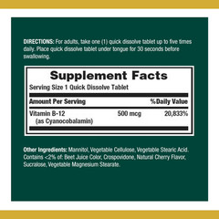 Nature’s Bounty Vitamin B-12, Quick Dissolve, 500mcg, Tablets, 100 Ct