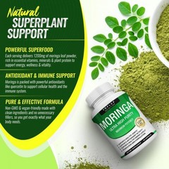 TOPLUX Moringa Capsules 1200mg Pure Moringa Powder Immune Gut health 90Capsules