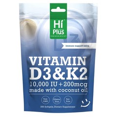 HiPlus Vitamin D3 10,000 IU + K2 200 mcg, 300 Softgels 300 Count (Pack of 1)