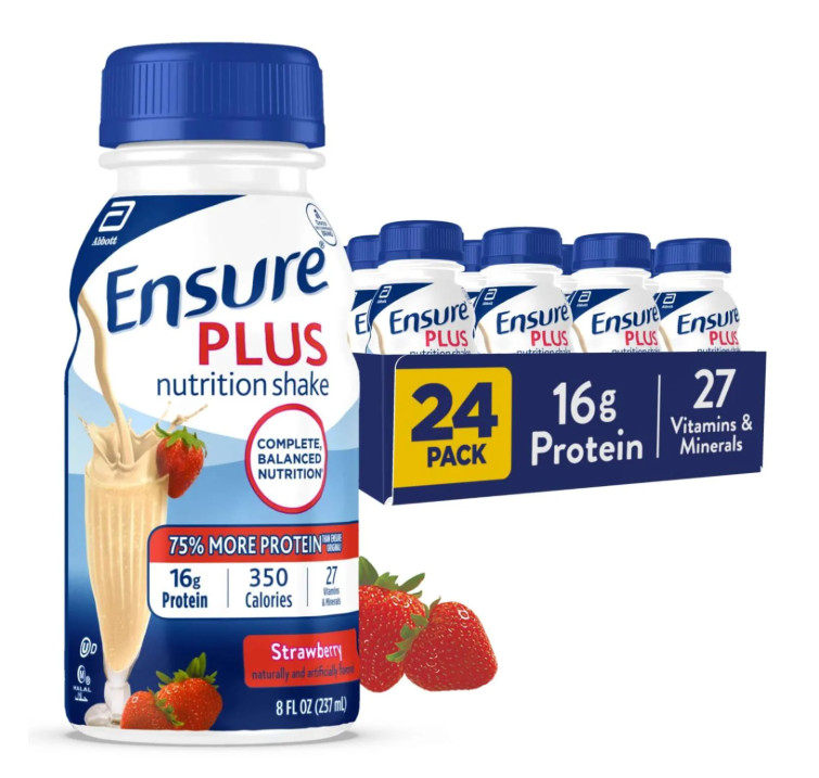 Ensure Plus Meal Replacement Shake, Strawberry, 8 fl oz, 24-Pack, 16g Protein