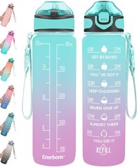 Enerbone 32 oz Drinking Water Bottle with Times to 32 Ounces, Green-Purple