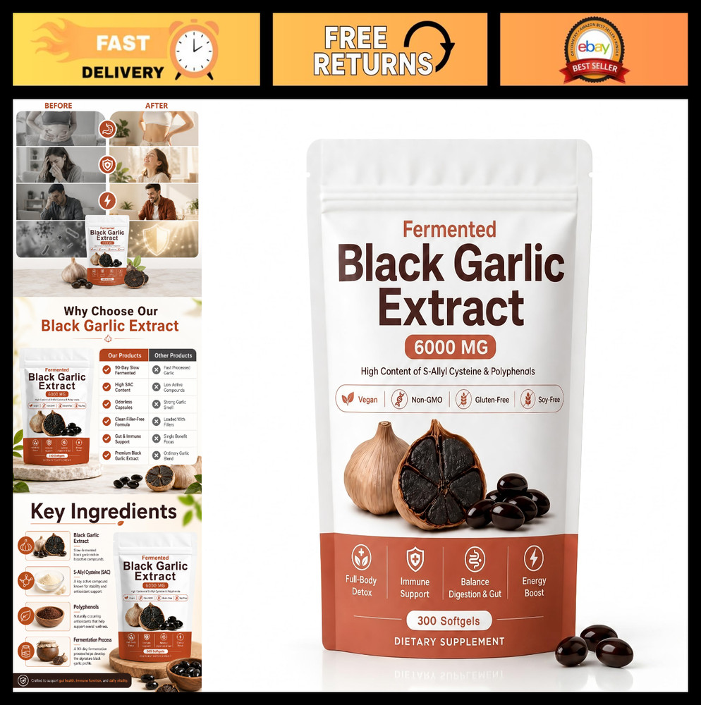 Odorless Fermented Black Garlic Extract – Vegan Immunity Support, Energy Boost,