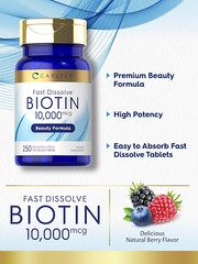 Biotin 10000Mcg 250 Fast Dissolve Tablets Max Strength Vegetarian, Non-Gmo, Glut