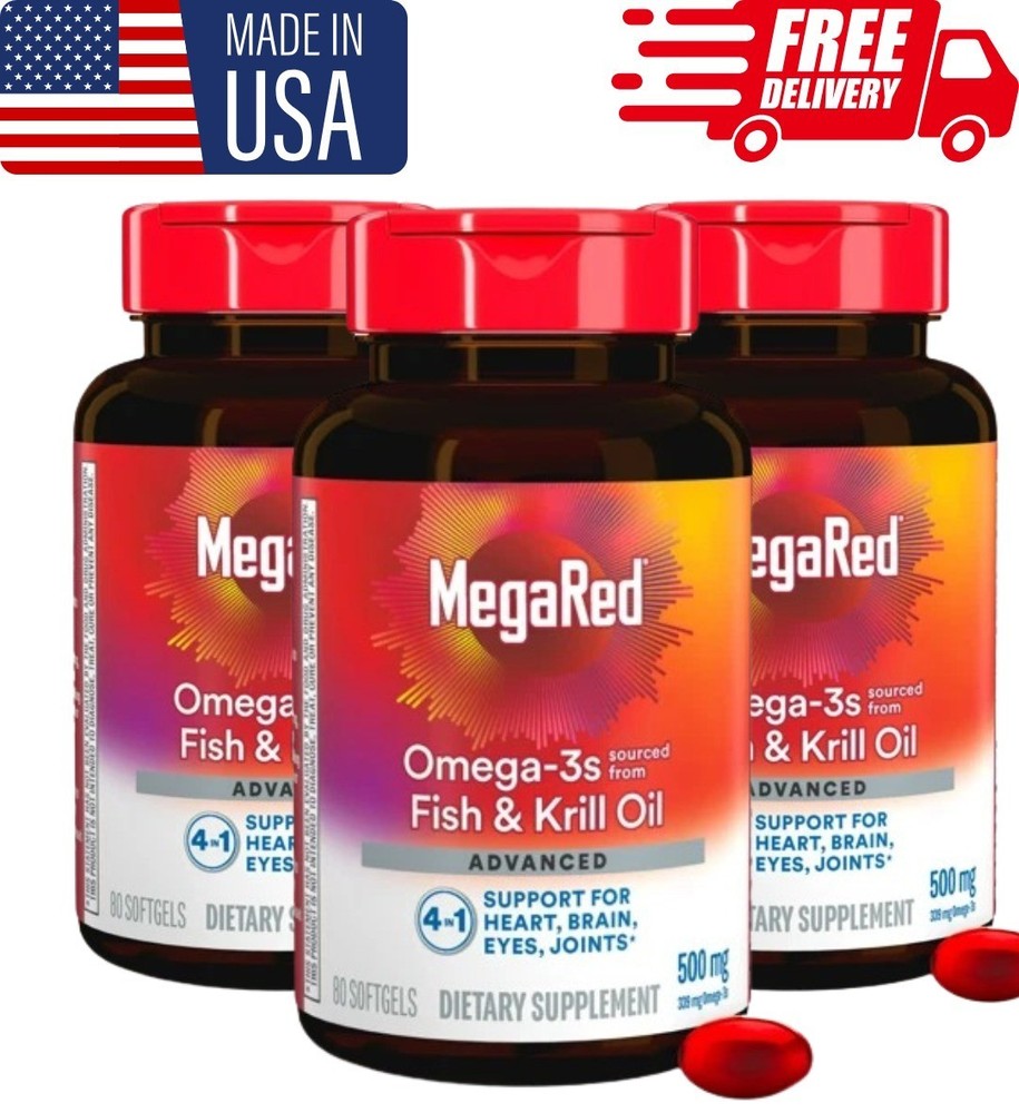 3 Pack MegaRed Advanced 4-in-1 Omega-3 500mg 80 Softgels Heart & Joint Support