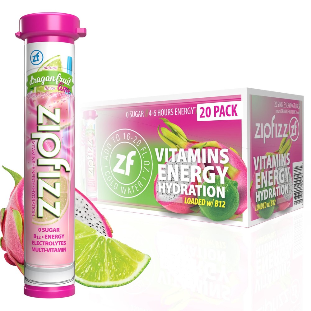 Zipfizz Daily Energy Drink Powder, Dragon Fruit Lime, 20 Pack | 3in1 Sustaine…